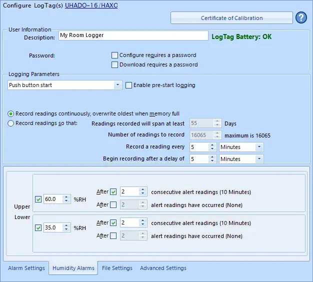 LogTag SCR_config_LogTag-UHADO-16_room_hum Configuration